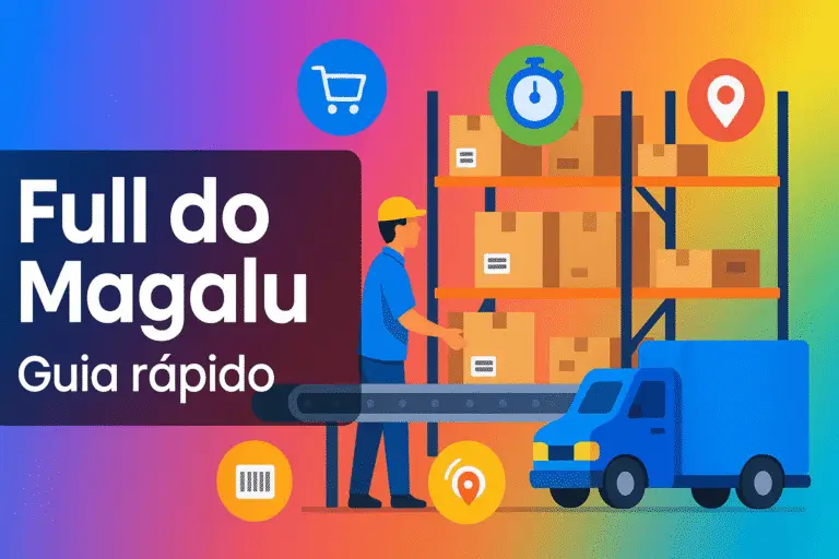 Full do Magalu: ilustração de operador em centro de distribuição com esteira, prateleiras de caixas e caminhão de entregas.