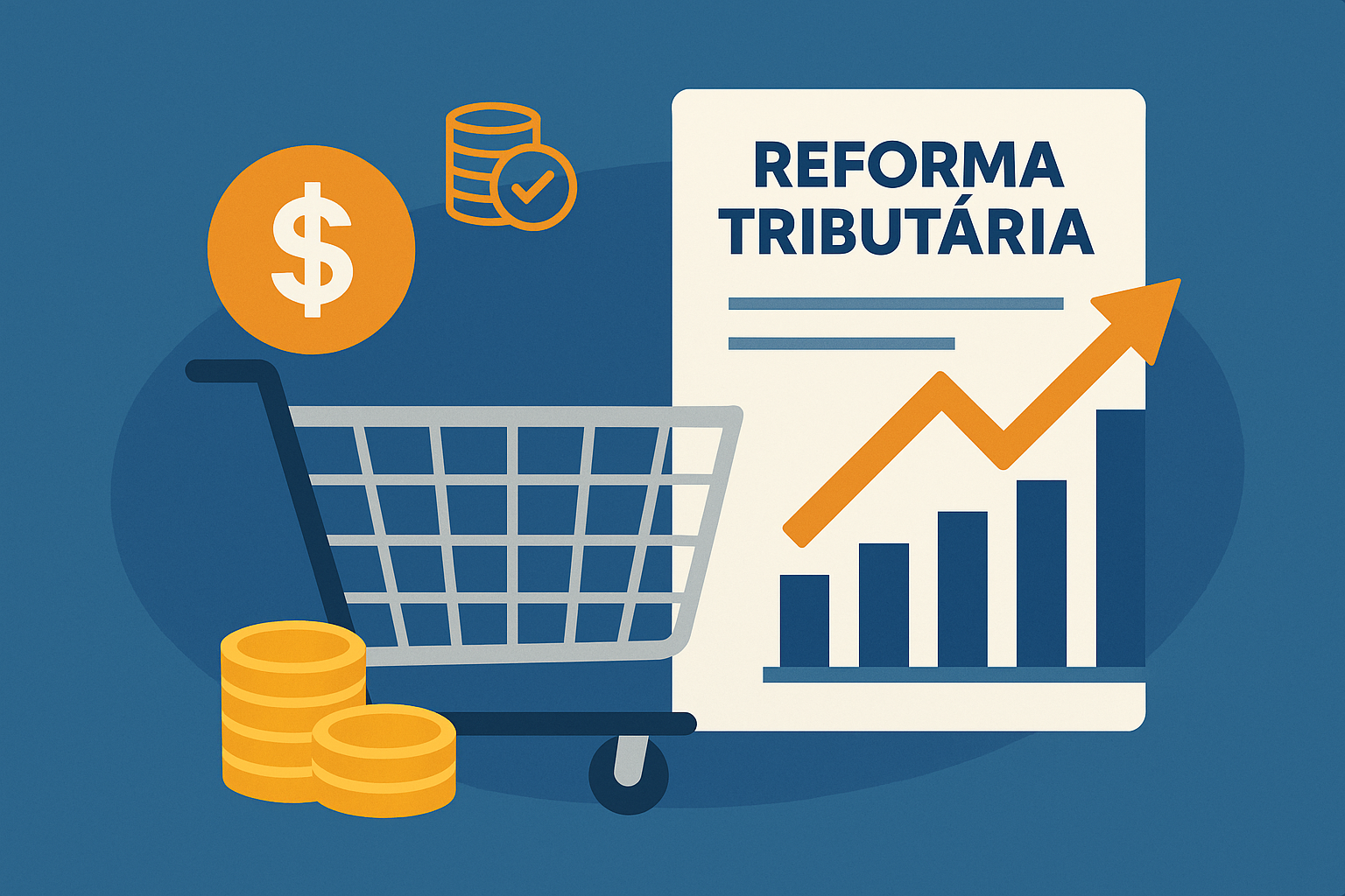 Ilustração de e-commerce com ícones de moeda, gráfico e documento de reforma tributária.
