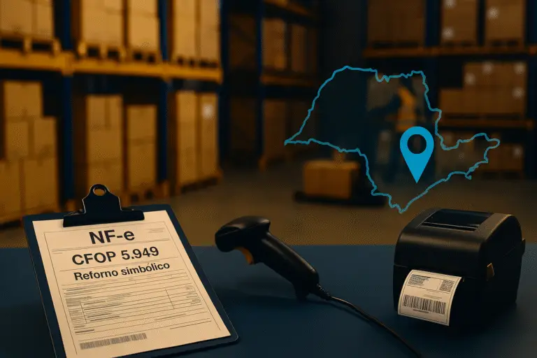 NF-e em prancheta com CFOP 5.949 e “retorno simbólico”, ao lado de scanner e impressora térmica em armazém; estantes com caixas e mapa de São Paulo ao fundo.
