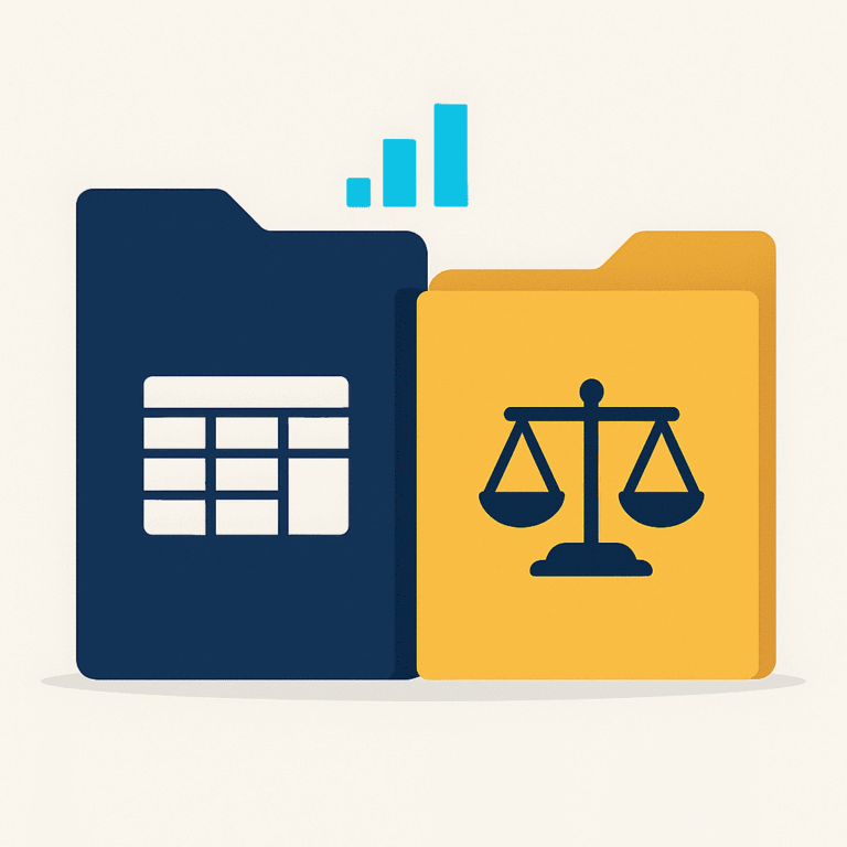 Ilustração conceitual representando finanças com pastas de cores diferentes, remetendo à comparação entre balanço e balancete