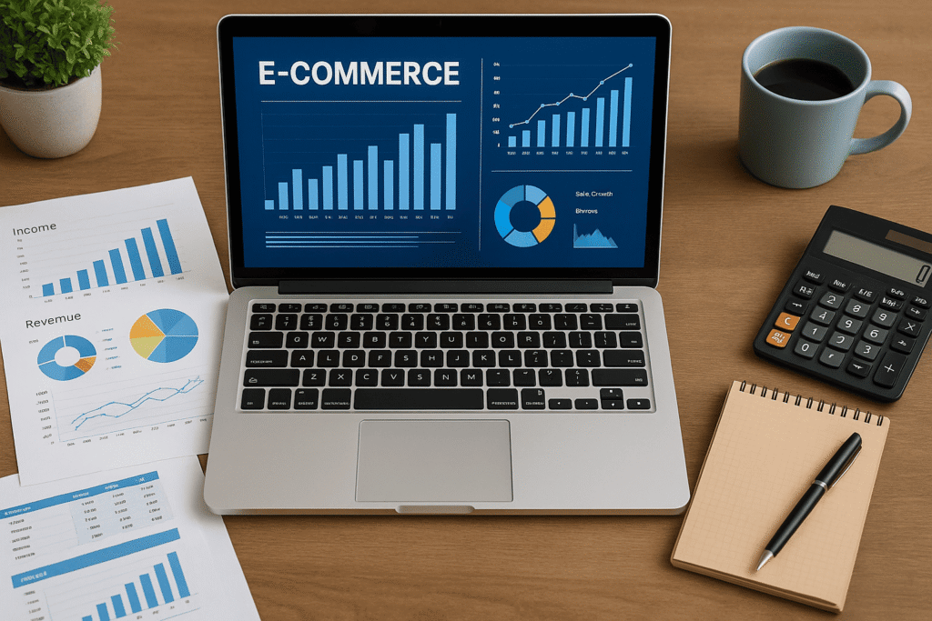 Notebook aberto mostrando gráficos de desempenho financeiro e documentos de e-commerce sobre uma mesa de trabalho, representando a gestão contábil e análise de lucro da Agora Deu Lucro.