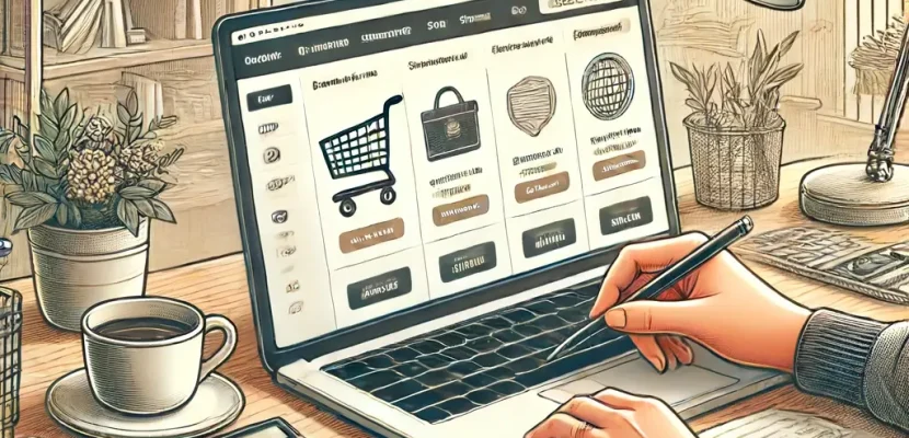 DALL·E 2024-06-14 12.29.47 - A detailed illustration of a person setting up an online store on their laptop. The scene includes a clean workspace with items like a coffee cup, not