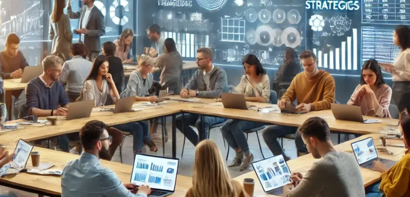 DALL·E 2024-06-27 17.02.05 - A diverse group of e-commerce entrepreneurs engaged in an immersive workshop. The setting is a modern conference room with large windows, plenty of na