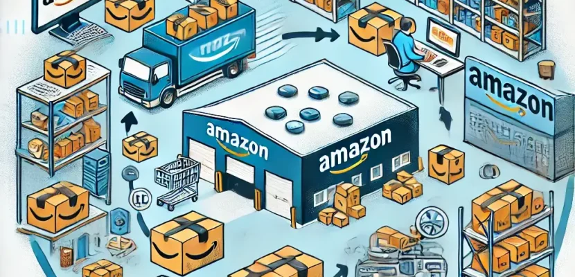 DALL·E 2024-06-27 17.37.45 - An illustration showcasing the Fulfillment by Amazon (FBA) process. The image should depict multiple stages_ products being stored in Amazon warehouse