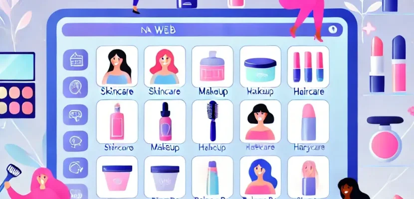 DALL·E 2024-08-07 13.56.13 - An illustration of a vibrant online marketplace for beauty products. The scene features a computer screen displaying various categories like skincare,