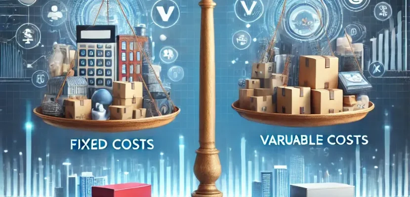 DALL·E 2024-08-12 14.42.13 - A detailed image representing the concepts of fixed and variable costs in e-commerce. The image should include visual elements like a balanced scale w