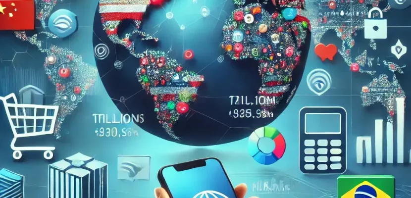 DALL·E 2024-09-11 17.40.22 - A global e-commerce landscape with visual representations of the largest markets. Highlight China, USA, and Brazil in a world map, showing icons like