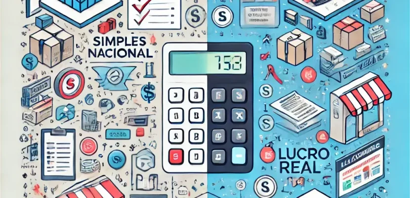 DALL·E 2024-10-02 15.33.46 - A detailed visual representation of a comparison between Simples Nacional and Lucro Real in e-commerce. The image shows a split design, with Simples N