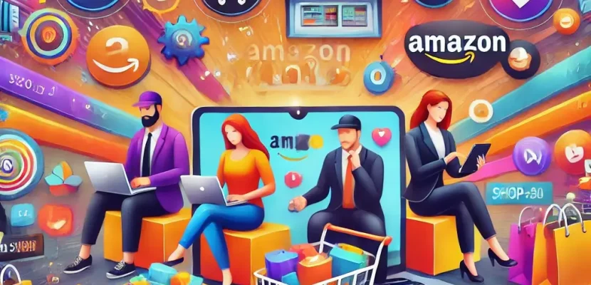 DALL·E 2024-11-18 09.25.42 - A vibrant digital marketplace illustration showing diverse sellers showcasing their products on different platforms like Mercado Livre, Amazon, Shopee