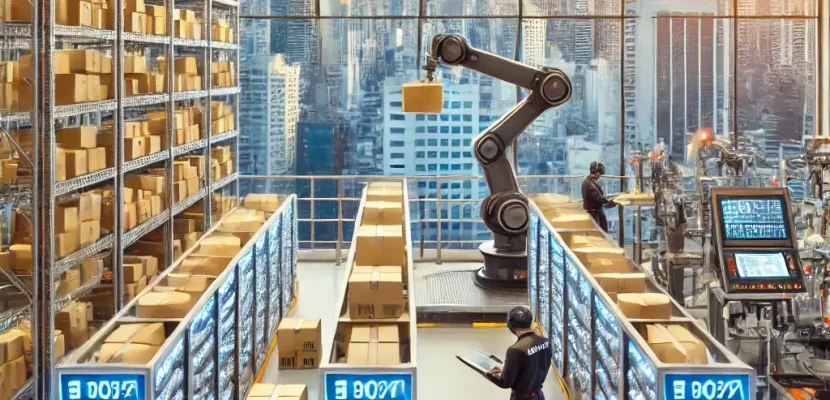 DALL·E 2024-11-21 16.49.48 - A professional logistics warehouse in São Paulo, Brazil, filled with neatly organized e-commerce packages on shelves, advanced automated systems like