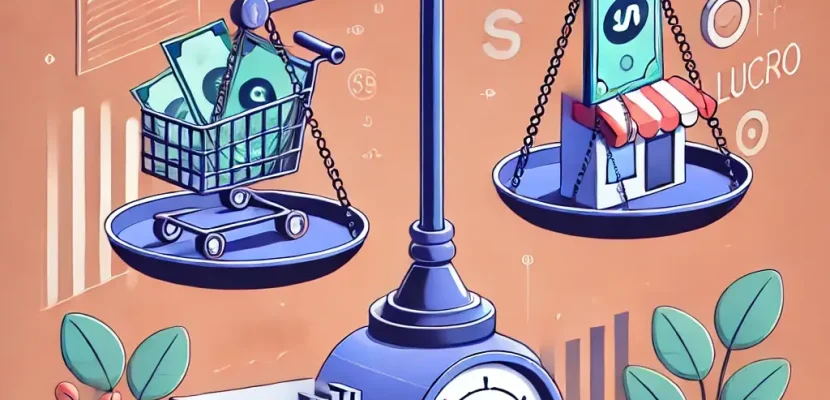 DALL·E 2024-11-25 14.22.18 - Uma ilustração moderna e profissional para um artigo de blog sobre e-commerce, destacando o equilíbrio entre vendas e lucro. A imagem deve mostrar uma