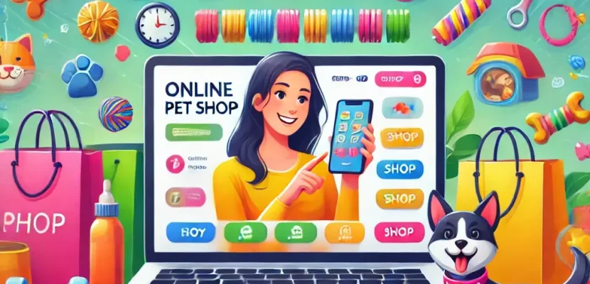 DALL·E 2024-12-09 16.27.26 - A vibrant and professional illustration of an online pet shop interface displayed on a laptop, surrounded by colorful pet products such as toys, food