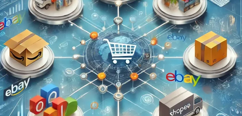 DALL·E 2024-12-12 16.11.45 - A vibrant and professional illustration depicting an interconnected e-commerce ecosystem with multiple online marketplaces such as Amazon, eBay, Merca