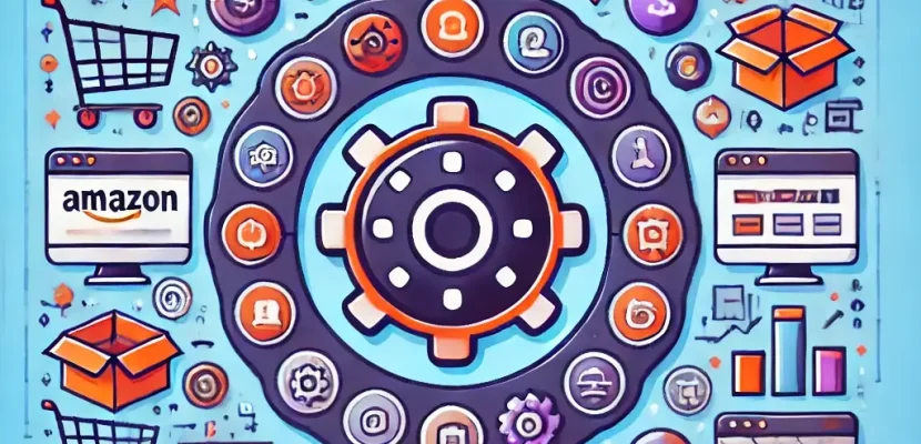 DALL·E 2024-12-12 16.35.32 - An illustration representing the integration of tools for managing sales in online marketplaces. The image features a central dashboard surrounded by