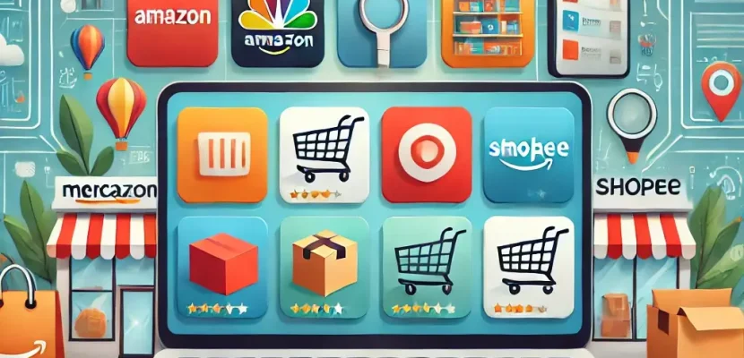 DALL·E 2024-12-12 16.41.40 - An engaging and professional digital illustration featuring multiple online marketplaces such as Amazon, Mercado Livre, Shopee, and others represented