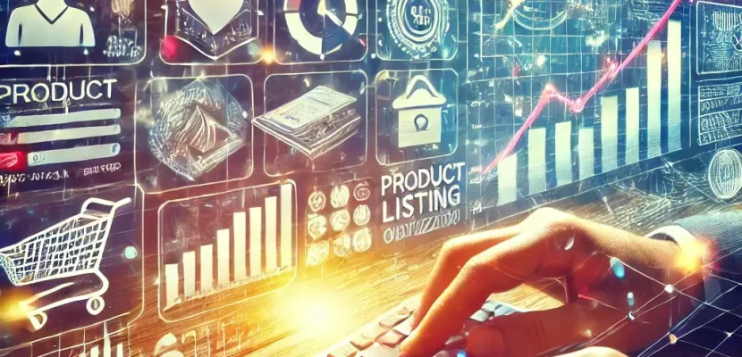 DALL·E 2024-12-12 16.46.54 - An image representing a bustling e-commerce marketplace scene with multiple products displayed on screens. Highlight a hand typing on a keyboard, symb