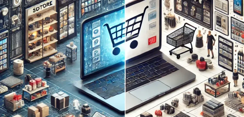 DALL·E 2024-12-19 15.35.04 - A visually detailed comparison between a digital store and a marketplace. On the left, a sleek and modern e-commerce storefront showcasing products wi