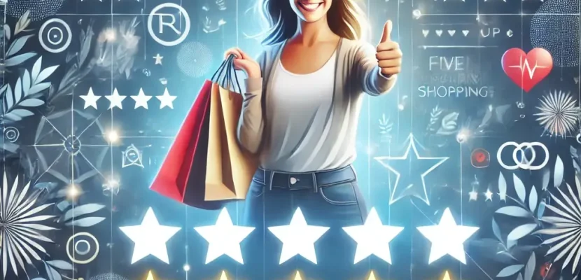 DALL·E 2024-12-19 15.47.05 - An engaging and visually appealing image representing strategies to gain positive reviews in an online store. The image features a dynamic e-commerce