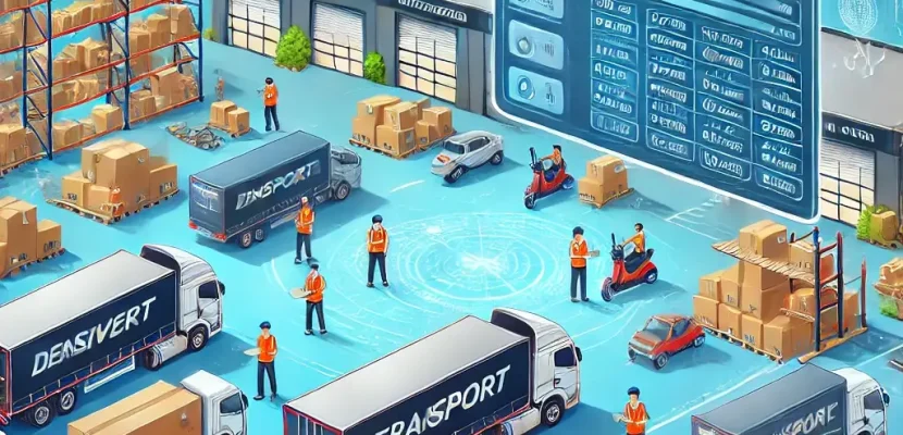 DALL·E 2024-12-19 16.00.44 - A detailed illustration showing a modern e-commerce warehouse with various transport carriers loading and unloading packages. The scene includes deliv