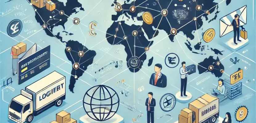 DALL·E 2024-12-19 16.22.48 - An illustration representing cross-border e-commerce challenges. The image features a world map in the background, connected by digital pathways, with