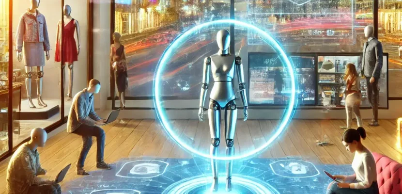 DALL·E 2024-12-19 16.41.26 - A futuristic and visually engaging scene of an online shopping experience enhanced by cutting-edge technologies. The image showcases elements such as