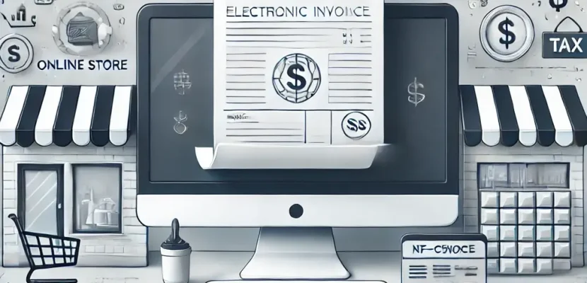 DALL·E 2024-12-19 16.46.23 - A professional and clean digital illustration showcasing an online store setup with a computer screen displaying an electronic invoice (NF-e) interfac