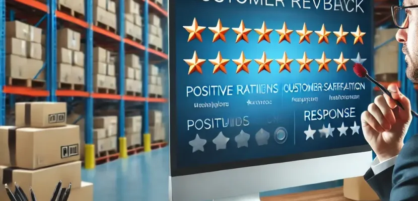 DALL·E 2025-03-14 11.28.05 - A dynamic and professional e-commerce seller analyzing customer reviews and feedback on a computer screen. The screen displays star ratings, positive
