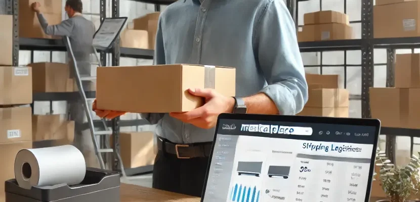 DALL·E 2025-03-14 14.40.19 - A professional e-commerce seller managing shipping logistics for a marketplace. The image features a modern workspace with a laptop displaying a marke