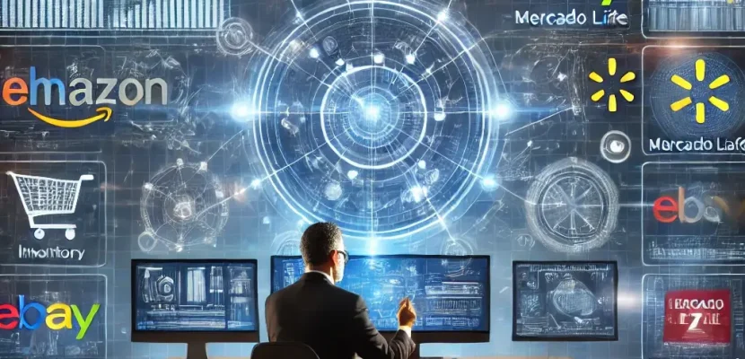 DALL·E 2025-03-14 15.13.56 - A dynamic digital illustration depicting the integration of multiple e-commerce marketplaces. The image shows a central dashboard on a large screen, c
