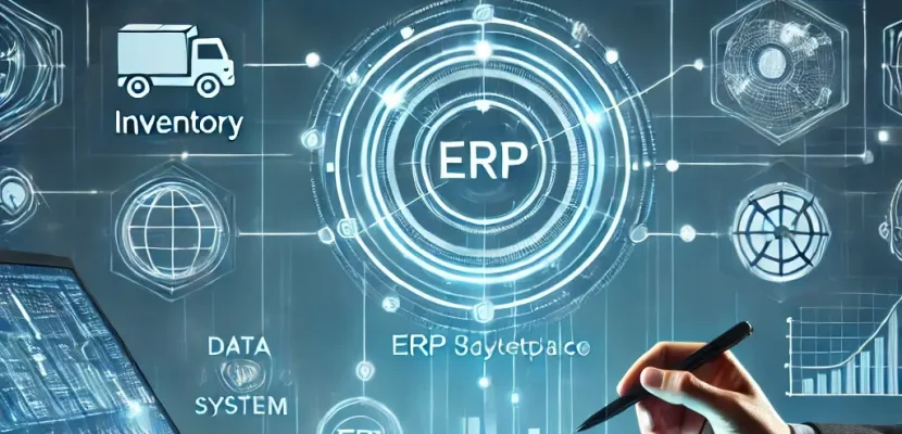 DALL·E 2025-03-17 14.49.55 - A digital illustration showcasing the integration of ERP systems with online marketplaces. The image features a futuristic dashboard displaying interc