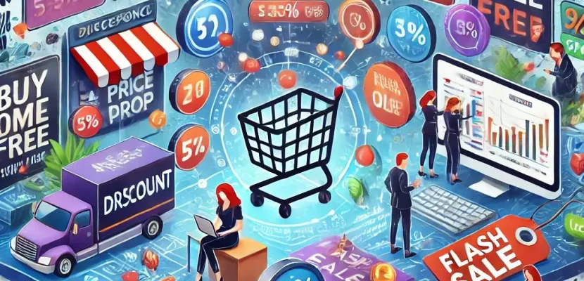 DALL·E 2025-03-17 15.48.56 - An engaging digital illustration showcasing e-commerce promotions and discounts within a marketplace setting. The image features a vibrant online shop