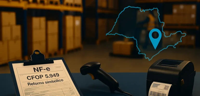 NF-e em prancheta com CFOP 5.949 e “retorno simbólico”, ao lado de scanner e impressora térmica em armazém; estantes com caixas e mapa de São Paulo ao fundo.