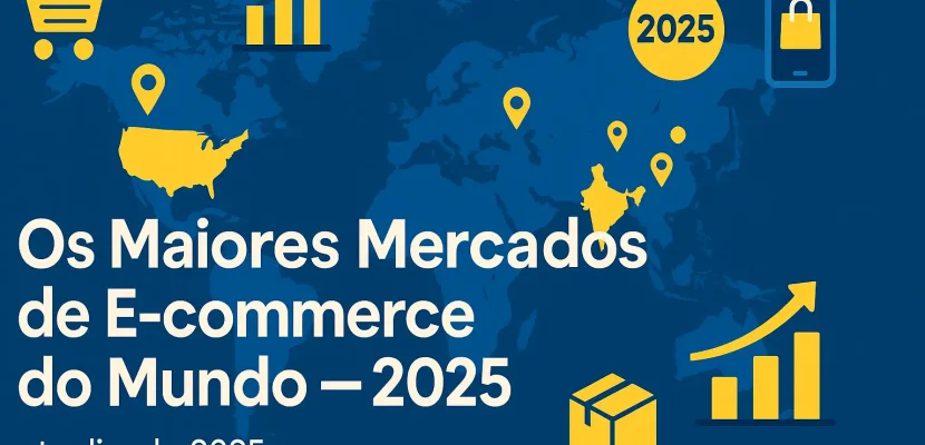 Infográfico destacando os maiores mercados de e-commerce do mundo em 2025, com mapa-múndi em azul e ícones amarelos representando crescimento, compras e logística.