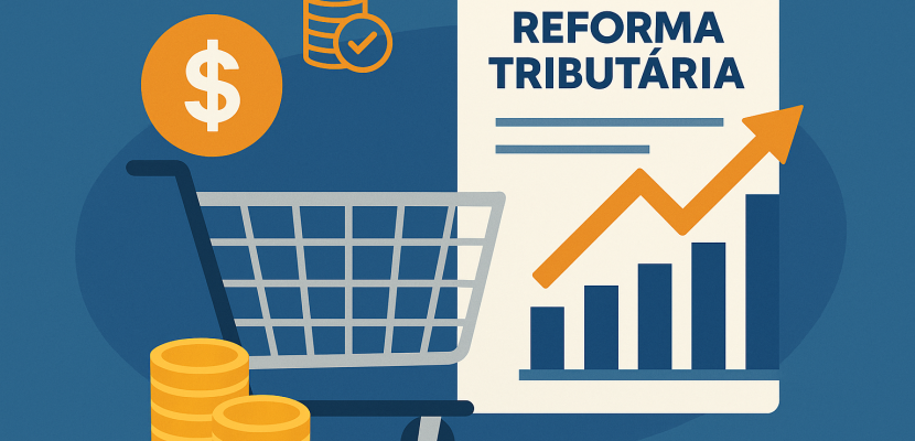Ilustração de e-commerce com ícones de moeda, gráfico e documento de reforma tributária.